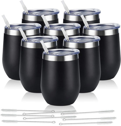 8 Pack 12Oz Stainless Steel Wine Tumblers, Insulated Wine Tumbler, Double Wall Insulated Wine Glass, Stainless Steel Stemless Wine Cups with Lids for Coffee, Wine, Cocktails, Champaign, Black
