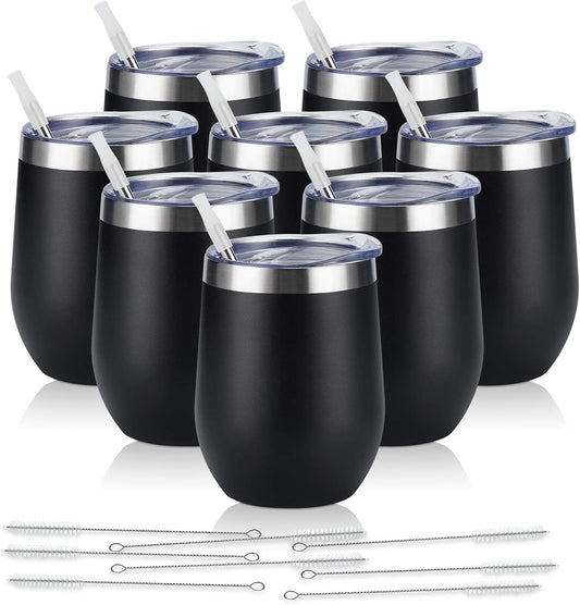 8 Pack 12Oz Stainless Steel Wine Tumblers, Insulated Wine Tumbler, Double Wall Insulated Wine Glass, Stainless Steel Stemless Wine Cups with Lids for Coffee, Wine, Cocktails, Champaign, Black